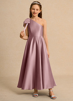Azazie Guppy Girl Blumenmädchenkleider A-Linie One-Shoulder Matte Satin Kleid Altrosa image3
