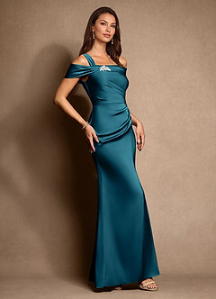 Azazie Altonia Mother of the Bride Dresses Ink Blue Mermaid Off the Shoulder Stretch Satin Dress image2