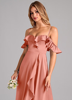 Azazie Lyra Bridesmaid Dresses Coral A-Line Off the Shoulder Stretch Satin Convertible Dress image7
