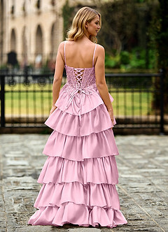 Jasmunya Pink Ruffle Floral Corset Prom Dress with Slit image3