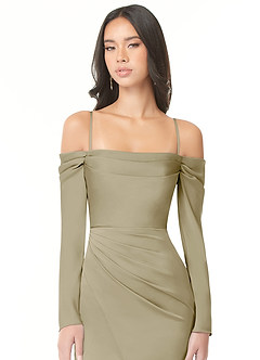 Azazie Hallie Vestidos de damas de honor Vestido de Musgo Verde de Satén Elástico de Corte Recto Convertible con Manga larga con hombros descubiertos image7