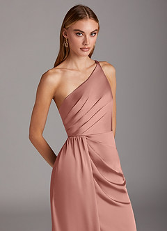 Azazie Mika Bridesmaid Dresses Rosette Sheath One Shoulder Stretch Satin Dress image7