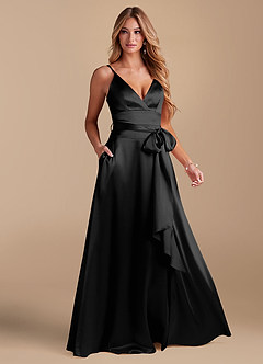Azazie Sophia Bridesmaid Dresses Black A-Line with Pockets Metallic Satin Dress image1