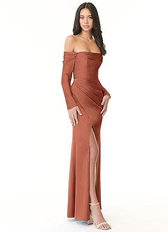 Azazie Hallie Vestidos de damas de honor Vestido de Arcilla de Satén Elástico de Corte Recto Convertible con Manga larga con hombros descubiertos image5