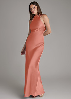 Azazie Dimitra Bridesmaid Dresses Salmon Pink A-Line Pleated Stretch Satin Dress image6