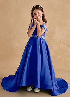 Azazie Jodi vestidos de niña de las flores Vestido de Azul Real de Satin Mate de Corte En A image5