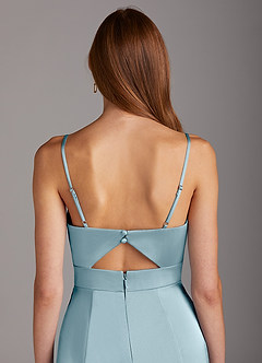 Azazie Shania Bridesmaid Dresses Moody Blue Sheath V-Neck Pleated Stretch Satin Dress image4