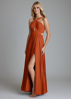 Azazie Hosanna Vestidos de damas de honor Vestido de Naranja Quemada de Gasa de Corte en A con Plisado image5