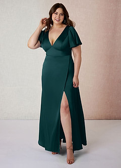 Azazie Lani Bridesmaid Dresses Pine A-Line Flounce Sleeve Stretch Satin Dress image7