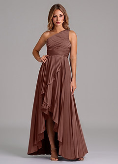 Azazie Lyrica Bridesmaid Dresses Espresso A-Line One Shoulder Stretch Satin Dress image1