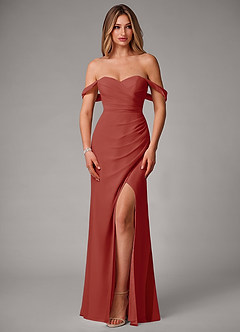 Azazie Haisley Bridesmaid Dresses Terracotta Sheath Off the Shoulder Chiffon Convertible Dress image4