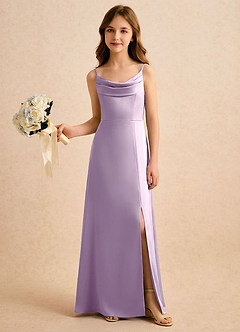 Azazie Shira Girls Formal Flower Girl Dresses Frosted Lilac A-Line Pleated Stretch Satin Dress image5
