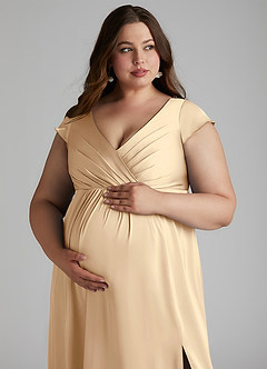 Azazie Allessia Vestidos de dama de honra para maternidade Vestir Linha A Plissado Comprimento do chão Cetim elástico image13