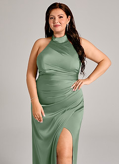 Azazie Jemma Jurken voor bruidsmeisjes Jurk van Stretch Satijn met Kolom Geplooid Matcha image8