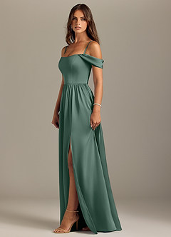 Azazie Calianna Bridesmaid Dresses Eucalyptus A-Line Off the Shoulder Stretch Satin Convertible Dress image6