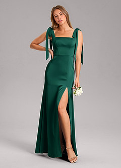 Azazie Frostine Bridesmaid Dresses Emerald A-Line Bow Stretch Satin Dress image1