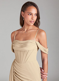 Azazie Amyra Bridesmaid Dresses Champagne Sheath Off the Shoulder Chiffon Convertible Dress image7