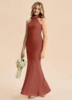 Azazie Velli Junior Meerjungfrau-Linie Hoher Kragen Chiffon Kleid Rotbraun image4