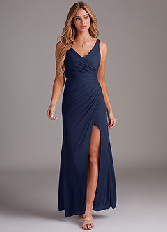 Azazie Leandra Bridesmaid Dresses Dark Navy Mermaid V-Neck Pleated Mesh Dress image5