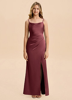 Azazie Christen Junior Merlot Sheath Pleated Stretch Satin Dress image4