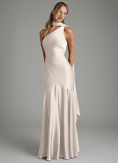 Azazie Amara Bridesmaid Dresses White Alabaster Mermaid One Shoulder Stretch Satin Dress image4