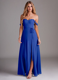 Azazie Aaron Bridesmaid Dresses Royal Blue A-Line Off the Shoulder Chiffon Convertible Dress image4