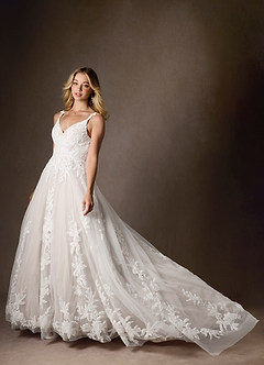 Azazie Delaina Wedding Dresses Diamond White Nude A-Line V-Neck Sequins Tulle Dress image6