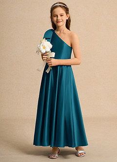 Azazie Guppy Girls Formal Abiti da Ragazza di Fiori Abito A-Line in Raso Opaco Monospalla Blu Inchiostro image5