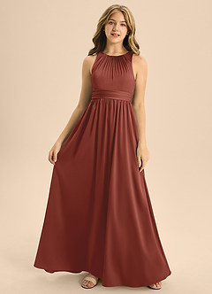 Azazie Jaylah Junior Auburn A-Line Pleated Stretch Satin Dress image4