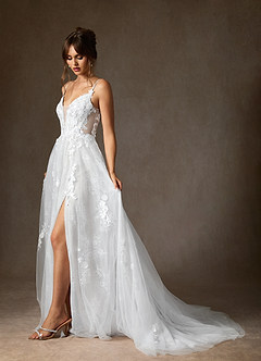 Azazie Monda Hochzeitskleider A-Linie Spitze Tüll Kleid Diamantweiß image2