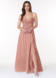Azazie Raya Robes de demoiselle d'honneur Robe Trapèze en Satin extensible Col V plissé Rosette image1