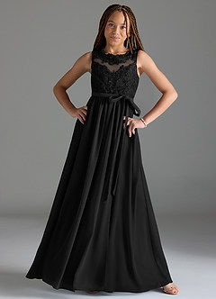 Azazie Elly Junior Robe Trapèze en Mousseline de soie Dentelle Noir image3