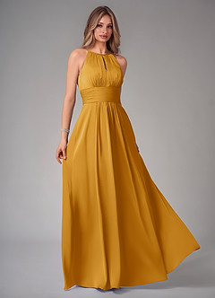 Azazie Bonnie Bridesmaid Dresses Butterscotch A-Line Pleated Stretch Satin Dress image1