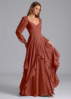 Azazie Karan Bridesmaid Dresses Auburn A-Line Long Sleeve Chiffon Dress image4