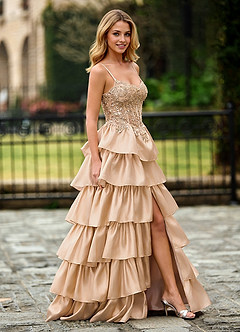 Jasmunya Champagne Ruffle Floral Corset Prom Dress with Slit image6