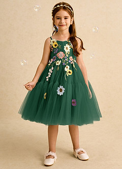 Azazie Osea Flower Girl Dresses Dark Green Ball-Gown Pleated Tulle Dress image3