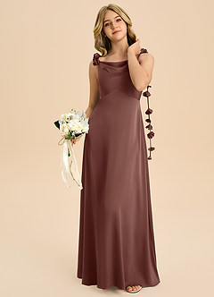 Azazie Gumdrop Junior Espresso Empire Pleated Stretch Satin Dress image2