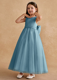 Azazie Cookie Blumenmädchenkleider A-Linie Schleifen Tüll Kleid Stimmungsvolles Blau image4