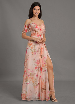 Azazie Dakota Bridesmaid Dresses Abstract Bouquet Floral A-Line V-Neck Pleated Chiffon Dress image2