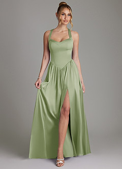 Azazie Francis Bridesmaid Dresses Dusty Sage A-Line Corset Stretch Satin Dress image3