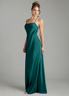 Azazie Mae Vestidos de damas de honor Vestido Pavo Real de Satén Elástico de Corte Sirena con Plisado image4