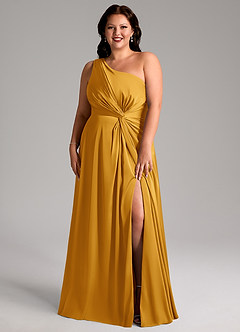 Azazie Brooke Vestidos de damas de honor Vestido de Caramelo de Satén Elástico de Corte en A con Hombro unilateral image8