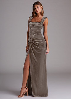 Azazie Genesis Bridesmaid Dresses Silver Taupe Sheath Pleated Velvet Dress image4