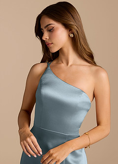Azazie Trina Vestidos de damas de honor Vestido de Azul Polvoriento de Satén Metálico de Corte en A con Hombro unilateral image8