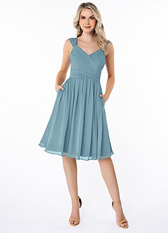 Azazie Angie Robes de demoiselle d'honneur Robe Trapèze en Mousseline de soie Corset Bleu Maussade image1