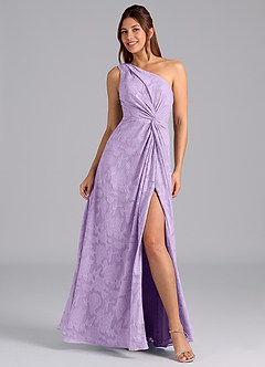 Azazie Brooke Bridesmaid Dresses Lilac A-Line One Shoulder Floral Burnout Dress image1