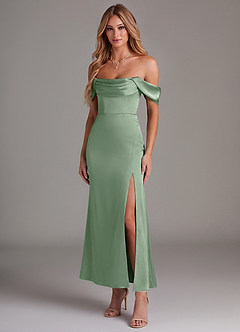 Azazie Saige Bridesmaid Dresses Matcha Mermaid Off the Shoulder Stretch Satin Dress image1