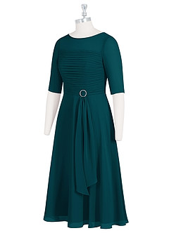 Azazie Naomi Mother of the Bride Dresses Pine A-Line Boatneck Pleated Chiffon Dress image9
