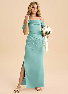 Azazie Saige Junior Aqua Sheath Off the Shoulder Stretch Satin Dress image4