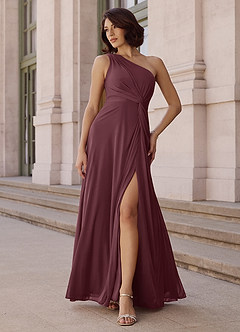 Azazie Brooke Bridesmaid Dresses Sangria A-Line One Shoulder Chiffon Dress image2
